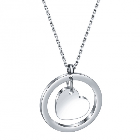 Picture of 1 Piece Eco-friendly Stylish Valentine's Day Silver Tone 304 Stainless Steel Rolo Chain Circle Ring Heart Pendant Necklace Unisex Party 40cm(15 6/8") long