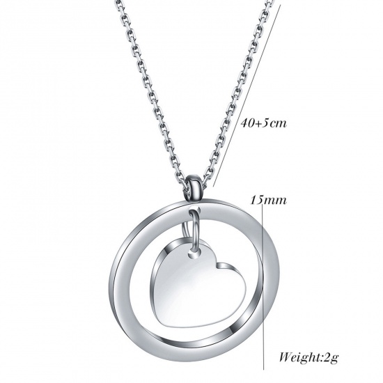 Picture of 1 Piece Eco-friendly Stylish Valentine's Day Silver Tone 304 Stainless Steel Rolo Chain Circle Ring Heart Pendant Necklace Unisex Party 40cm(15 6/8") long