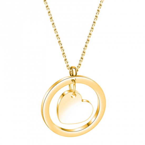 Picture of 1 Piece Vacuum Plating Stylish Valentine's Day 18K Gold Color 304 Stainless Steel Rolo Chain Circle Ring Heart Pendant Necklace Unisex Party 40cm(15 6/8") long
