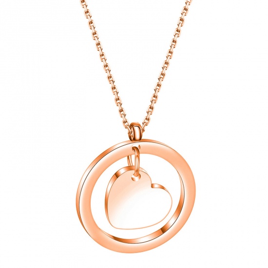 Picture of 1 Piece Vacuum Plating Stylish Valentine's Day Rose Gold 304 Stainless Steel Rolo Chain Circle Ring Heart Pendant Necklace Unisex Party 40cm(15 6/8") long