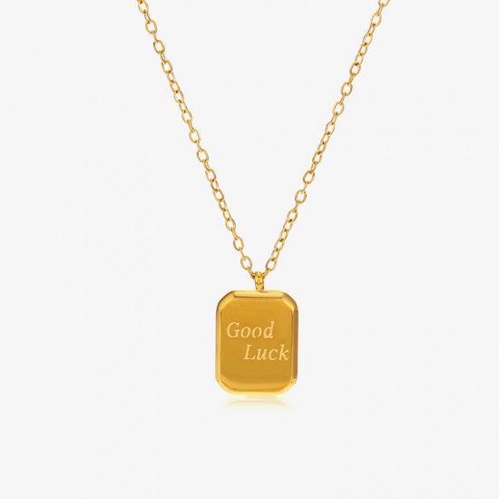 Picture of 1 Piece Eco-friendly Vacuum Plating Simple & Casual Stylish 18K Gold Color 304 Stainless Steel Rolo Chain Rectangle Message " GOOD LUCK " Pendant Necklace For Women 40cm(15 6/8") long