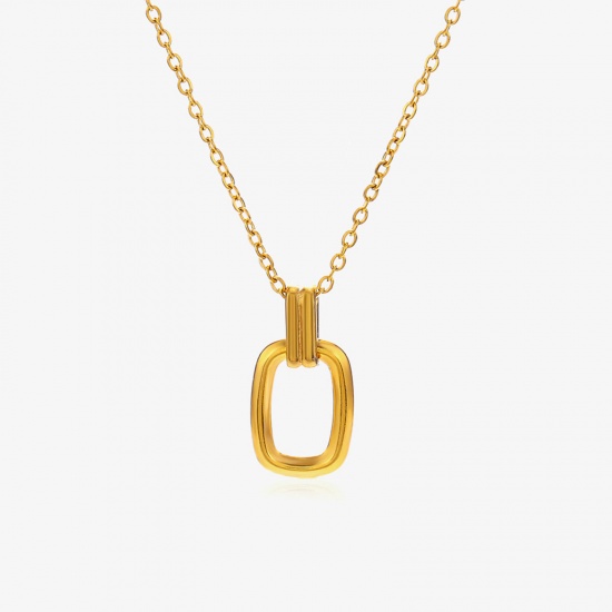 Picture of 1 Piece Eco-friendly Vacuum Plating Simple & Casual Stylish 18K Gold Color 304 Stainless Steel Rolo Chain Rectangle Hollow Pendant Necklace For Women 40cm(15 6/8") long