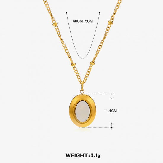 Picture of 1 Piece Eco-friendly Vacuum Plating Simple & Casual Stylish 18K Gold Color 304 Stainless Steel & Shell Ball Chain Oval Pendant Necklace For Women 40cm(15 6/8") long