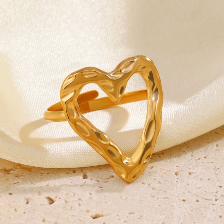 Picture of Wholesale Unisex Gift Heart Hollow Open Adjustable Rings, 18K Gold Plated 304 Stainless Steel, Eco-friendly PVD Vacuum Plating Simple Stylish Jewelry Supply, 17mm(US Size 6.5), 1 Piece