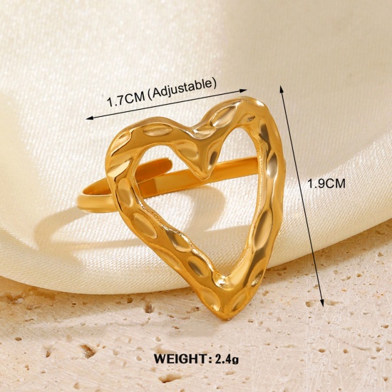 1 Piece Vacuum Plating Stylish Simple 18K Gold Color 304 Stainless Steel Open Heart Rings For Women Party 17mm(US Size 6.5) の画像