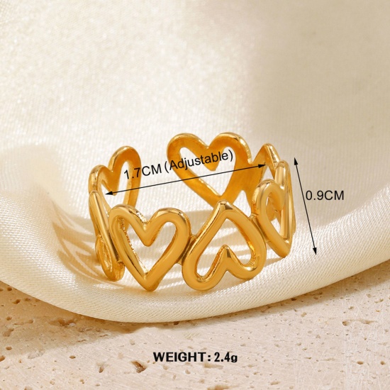 1 Piece Vacuum Plating Stylish Simple 18K Gold Color 304 Stainless Steel Open Heart Rings For Women Party 17mm(US Size 6.5) の画像