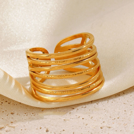 1 Piece Vacuum Plating Stylish Simple 18K Gold Color 304 Stainless Steel Open Streak Rings For Women Party 17mm(US Size 6.5) の画像