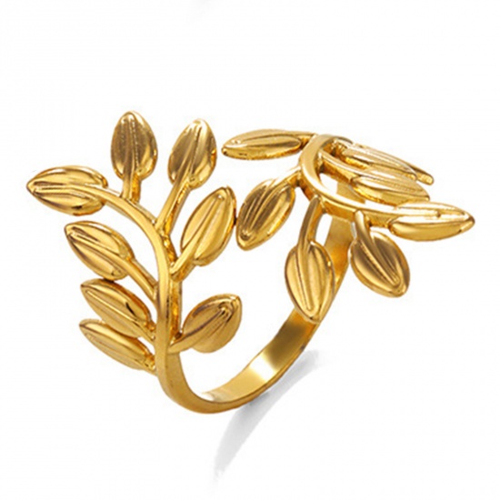1 Piece Vacuum Plating Stylish Simple 18K Gold Color 304 Stainless Steel Open Leaf Rings For Women Party 17mm(US Size 6.5) の画像
