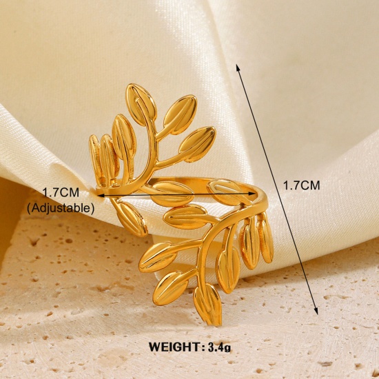 1 Piece Vacuum Plating Stylish Simple 18K Gold Color 304 Stainless Steel Open Leaf Rings For Women Party 17mm(US Size 6.5) の画像