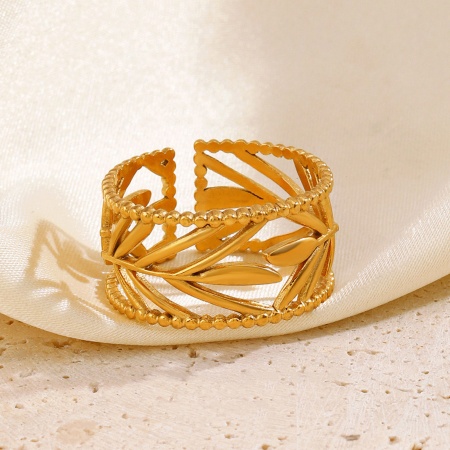 Bild von Großhandel Unisex Geschenk Blätter Offen Verstellbar Ring, 18K Vergoldet 304 Edelstahl, Umweltfreundliche PVD-Vakuumbeschichtung Stilvoll Hip Hop Schmuckbedarf, 17mm (US Größe 6.5), 1 Stück