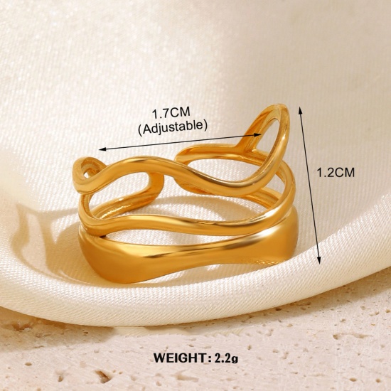 1 Piece Vacuum Plating Stylish Simple 18K Gold Color 304 Stainless Steel Open Wave Streak Rings For Women Party 17mm(US Size 6.5) の画像