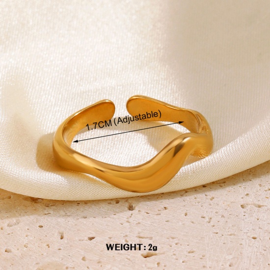 1 Piece Vacuum Plating Stylish Simple 18K Gold Color 304 Stainless Steel Open Wave Rings For Women Party 17mm(US Size 6.5) の画像