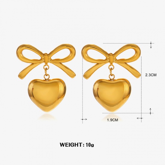 Picture of 1 Pair Eco-friendly Vacuum Plating Stylish Ins Style 18K Gold Plated 304 Stainless Steel Bowknot Heart Earrings For Women Party 2.3cm x 1.9cm