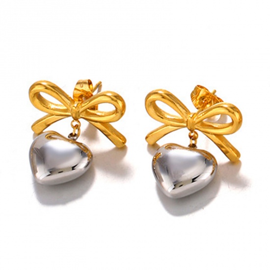 Picture of 1 Pair Eco-friendly Vacuum Plating Stylish Ins Style 18K Gold Plated Silver Tone 304 Stainless Steel Bowknot Heart Earrings For Women Party 2.3cm x 1.9cm