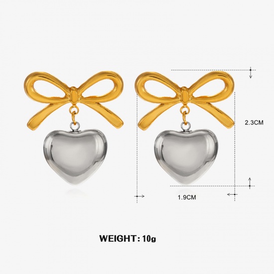 Picture of 1 Pair Eco-friendly Vacuum Plating Stylish Ins Style 18K Gold Plated Silver Tone 304 Stainless Steel Bowknot Heart Earrings For Women Party 2.3cm x 1.9cm