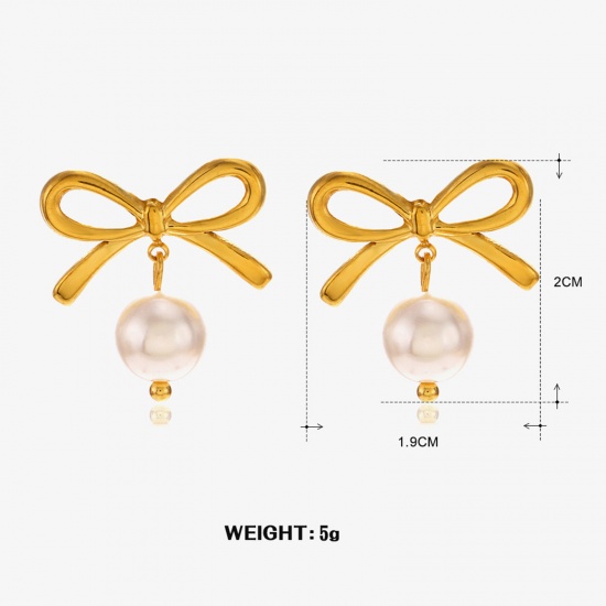 Image de 1 Pair Eco-friendly Vacuum Plating Stylish Ins Style 18K Gold Color 304 Stainless Steel Bowknot Imitation Pearl Earrings For Women Party 2cm x 1.9cm