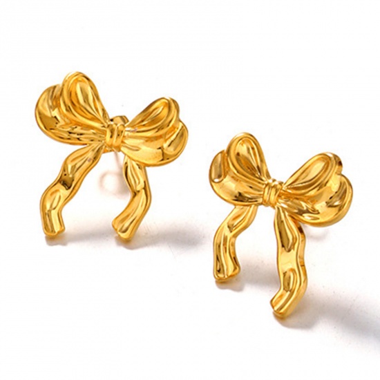 Picture of 1 Pair Eco-friendly Vacuum Plating Stylish Ins Style 18K Gold Plated 304 Stainless Steel Bowknot Earrings For Women Party 2.3cm x 2.1cm