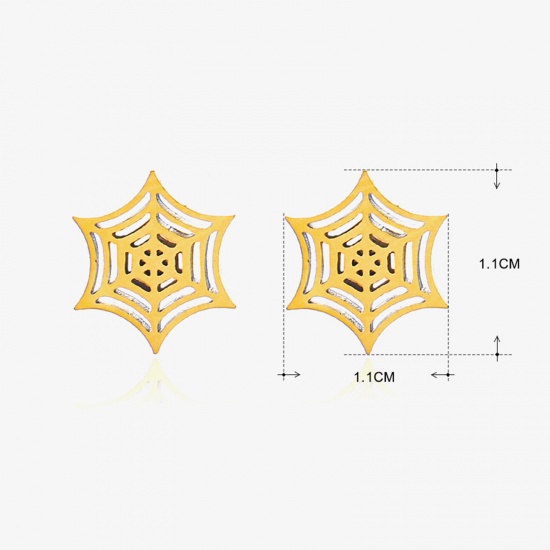 Picture of 1 Pair Vacuum Plating Ins Style Cute 18K Gold Plated 304 Stainless Steel Halloween Cobweb Hollow Ear Post Stud Earrings Unisex Halloween 1.1cm x 1.1cm