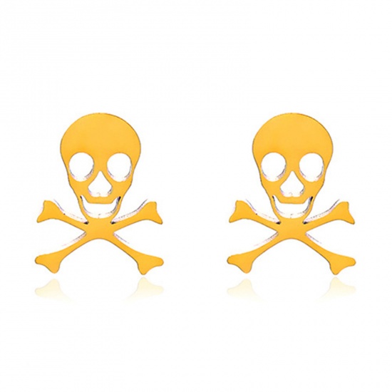 Picture of 1 Pair Vacuum Plating Ins Style Halloween 18K Gold Plated 304 Stainless Steel Skeleton Skull Hollow Ear Post Stud Earrings Unisex Halloween 1.1cm x 0.9cm