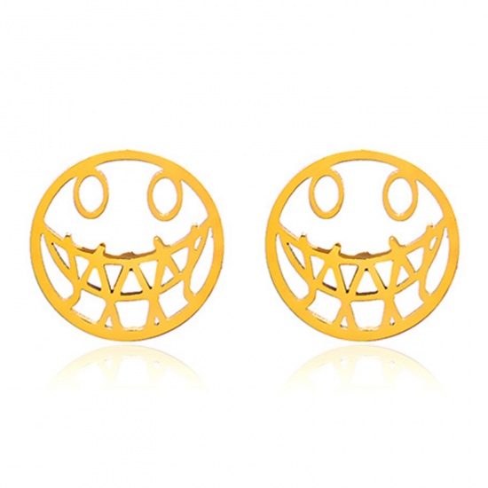 Picture of 1 Pair Vacuum Plating Ins Style Halloween 18K Gold Plated 304 Stainless Steel Ghost Face Hollow Ear Post Stud Earrings Unisex Halloween 1.2cm x 1.2cm