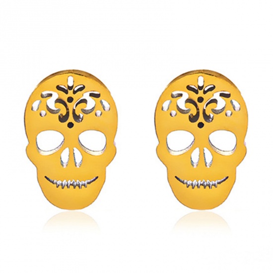 Immagine di 1 Paio Placcatura Sottovuoto Stile Ins Halloween Placcato Oro 18K 304 Acciaio Inossidabile Cranio Filigrana Orecchini a Perno Unisex Halloween 1.2cm x 0.8cm