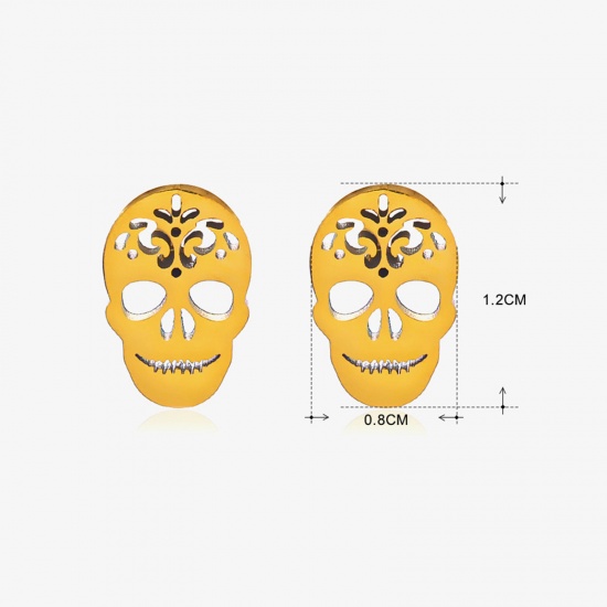 Picture of 1 Pair Vacuum Plating Ins Style Halloween 18K Gold Plated 304 Stainless Steel Skull Hollow Ear Post Stud Earrings Unisex Halloween 1.2cm x 0.8cm