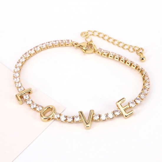 Picture of 1 Piece Eco-friendly Exquisite Mother's Day 18K Gold Plated Brass & Rhinestone Cup Chain Message " LOVE " Micro Pave Bracelets For Women Women's Day 18cm(7 1/8") long