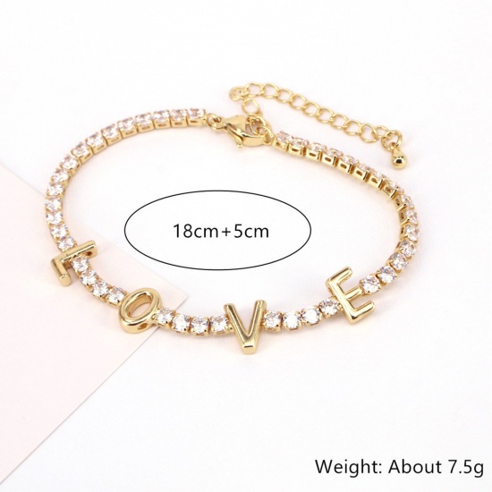 Immagine di 1 Pz Ecologico Squisito Festa Della Mamma Placcato Oro 18K Ottone & Strass Catena della tazza Messaggio " LOVE " Micro Spianare Braccialetti Per Donne Festa della Donna 18cm Lunghezza