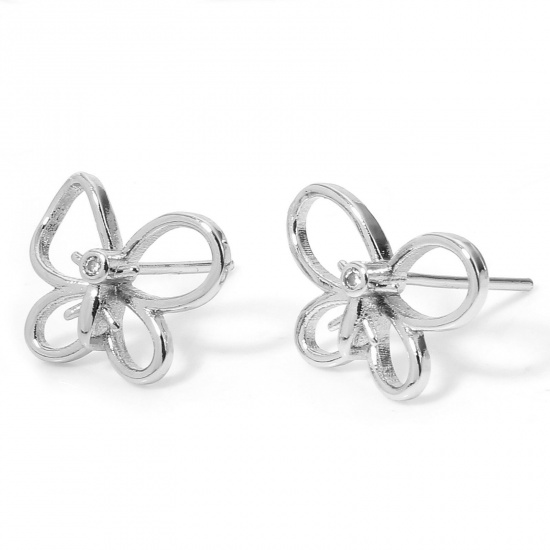 Picture of 2 PCs Eco-friendly Stylish Ins Style Real Platinum Plated Brass & Cubic Zirconia Butterfly Animal Hollow Ear Post Stud Earrings For Women Party 13mm x 10mm