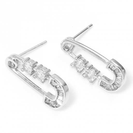 Picture of 2 PCs Eco-friendly Stylish Ins Style Real Platinum Plated Brass & Cubic Zirconia Paper Clip Ear Post Stud Earrings For Women Party 19mm x 9mm