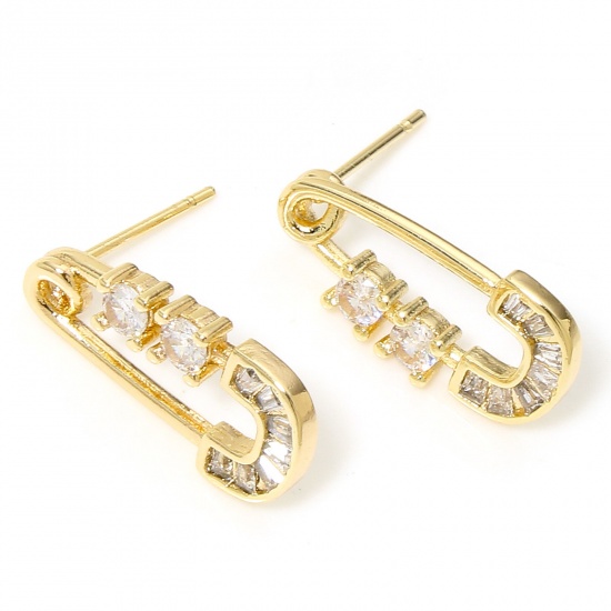 Picture of 2 PCs Eco-friendly Stylish Ins Style 18K Real Gold Plated Brass & Cubic Zirconia Paper Clip Ear Post Stud Earrings For Women Party 19mm x 9mm
