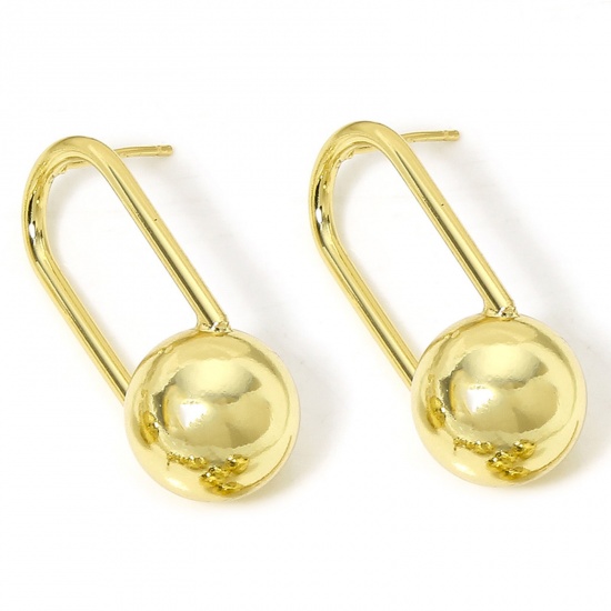 Immagine di 1 Pair Eco-friendly Ins Style Stylish 18K Real Gold Plated Brass Ball Oval Hollow Ear Post Stud Earrings For Women Party 3.5cm x 1.4cm