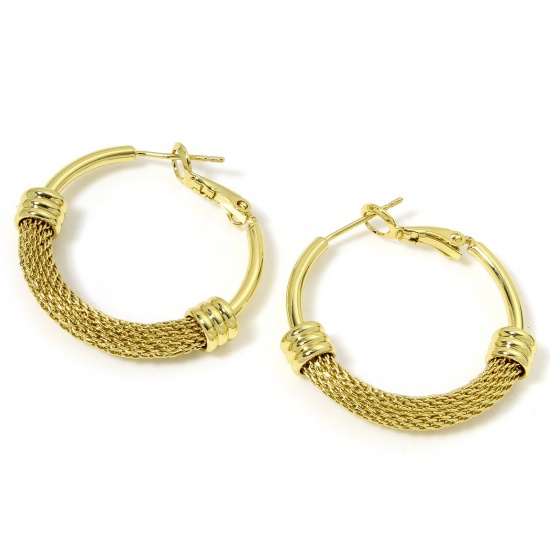 Immagine di 1 Pair Eco-friendly Stylish Simple 18K Real Gold Plated Brass Circle Ring Hoop Earrings For Women Party 3.2cm x 3.1cm