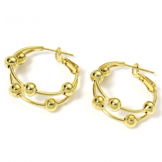 Immagine di 1 Pair Eco-friendly Stylish Simple 18K Real Gold Plated Brass Beaded Hoop Earrings For Women Party 27mm x 26mm