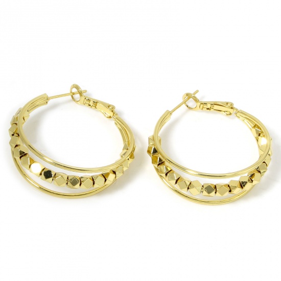 Picture of 1 Pair Eco-friendly Stylish Simple 18K Real Gold Plated Brass Circle Ring Beaded Hoop Earrings For Women Party 3.2cm x 3.1cm