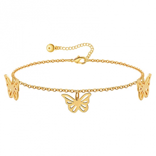 Picture of 1 Piece Eco-friendly Vacuum Plating Simple & Casual Ins Style 18K Real Gold Plated Brass Link Cable Chain Tassel Butterfly Hollow Anklet For Women 22cm(8 5/8") long