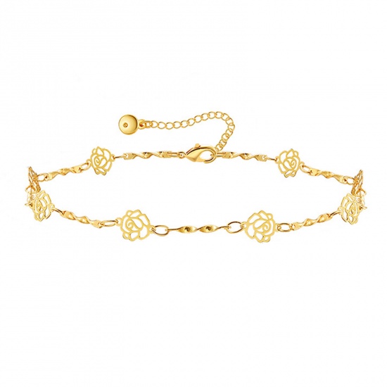 Picture of 1 Piece Eco-friendly Vacuum Plating Simple & Casual Ins Style 18K Real Gold Plated Brass Handmade Link Chain Rose Flower Hollow Anklet For Women 22cm(8 5/8") long