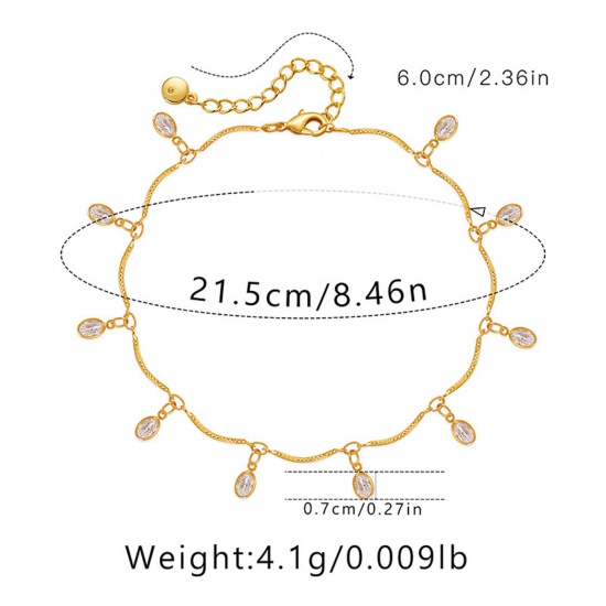 Immagine di 1 Piece Eco-friendly Vacuum Plating Exquisite Ins Style 18K Real Gold Plated Brass & Rhinestone Handmade Link Chain Tassel Oval Anklet For Women Party 21.5cm(8 4/8") long