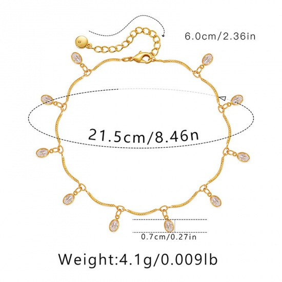 Picture of 1 Piece Eco-friendly Vacuum Plating Exquisite Ins Style 18K Real Gold Plated Brass & Rhinestone Handmade Link Chain Tassel Oval Anklet For Women Party 21.5cm(8 4/8") long