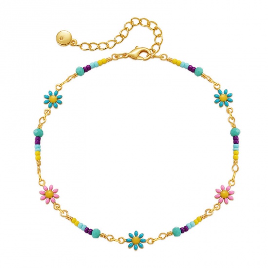 Immagine di 1 Piece Eco-friendly Vacuum Plating Sweet & Cute Boho Chic Bohemia 18K Real Gold Plated Multicolor Brass Flower Enamel Anklet For Women Graduation 22cm(8 5/8") long