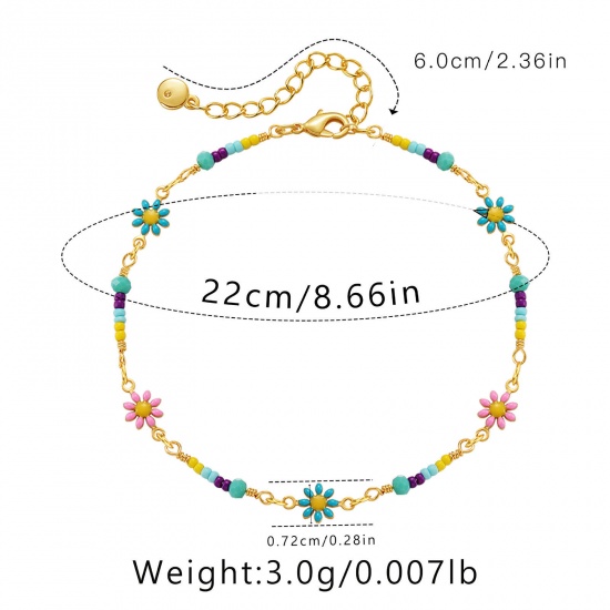 Immagine di 1 Piece Eco-friendly Vacuum Plating Sweet & Cute Boho Chic Bohemia 18K Real Gold Plated Multicolor Brass Flower Enamel Anklet For Women Graduation 22cm(8 5/8") long