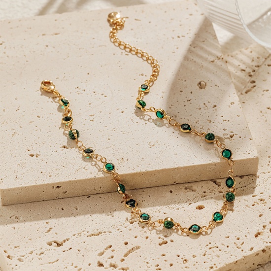 Immagine di 1 Piece Eco-friendly Vacuum Plating Exquisite Boho Chic Bohemia 18K Real Gold Plated Green Brass & Glass Beaded Anklet For Women Graduation 23cm(9") long