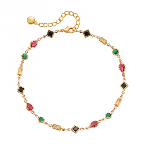 Immagine di 1 Piece Eco-friendly Vacuum Plating Sweet & Cute Boho Chic Bohemia 18K Real Gold Plated Multicolor Brass & Glass Drop Rhombus Beaded Anklet For Women Graduation 21cm(8 2/8") long