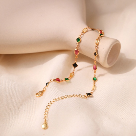 Immagine di 1 Piece Eco-friendly Vacuum Plating Sweet & Cute Boho Chic Bohemia 18K Real Gold Plated Multicolor Brass & Glass Drop Rhombus Beaded Anklet For Women Graduation 21cm(8 2/8") long