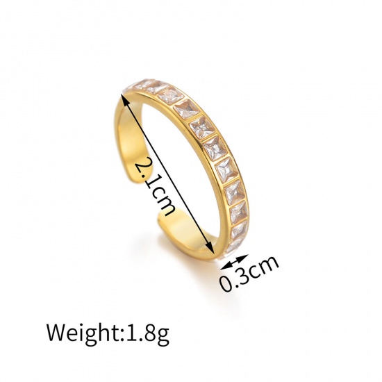 Immagine di 1 Piece Vacuum Plating Stylish Exquisite 18K Gold Plated Transparent Clear 304 Stainless Steel & Rhinestone Open Square Micro Pave Rings For Women Party 21mm(US Size 11.5)