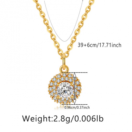 Immagine di 1 Pz Ecologico Retrò Retrò 18K Vero Oro Placcato Ottone & Strass Cavo Catena Anello Tondo Micro Spianare Collana con Ciondolo Per Donne Festa 39cm Lunghezza