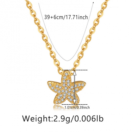 Immagine di 1 Pz Ecologico Retrò Retrò 18K Vero Oro Placcato Ottone & Strass Cavo Catena Stella di Mare Micro Spianare Collana con Ciondolo Per Donne Festa 39cm Lunghezza