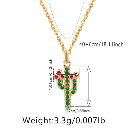 Immagine di 1 Pz Ecologico Retrò Retrò 18K Vero Oro Placcato Multicolore Ottone & Strass Cavo Catena Cactus Micro Spianare Collana con Ciondolo Per Donne Festa 40cm Lunghezza