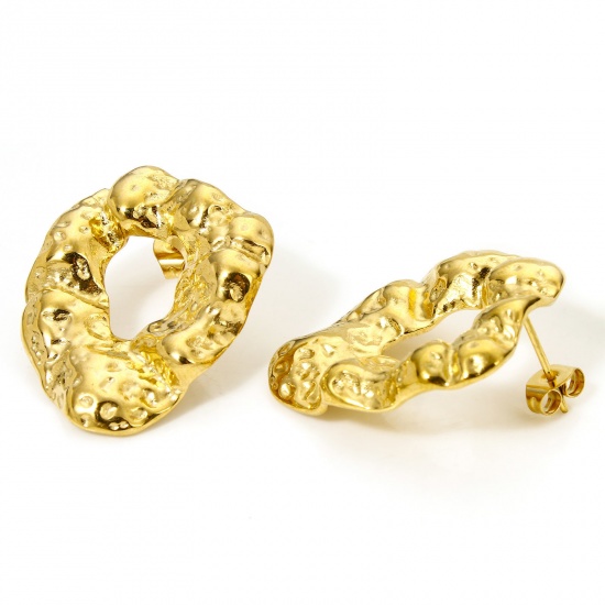 Picture of 1 Pair Vacuum Plating Ins Style Hammered Gold Plated 304 Stainless Steel Irregular Oval Ear Post Stud Earrings For Women Party 3.1cm x 2.5cm