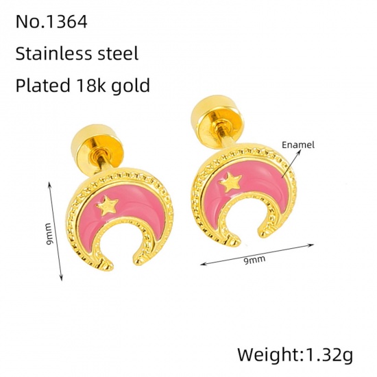 Immagine di 1 Paio Placcatura Sottovuoto Retrò Galassia Placcato Oro 18K Rosa 304 Acciaio Inossidabile Luna Stella Smalto Orecchini a Perno Per Donne Festa 9mm x 9mm